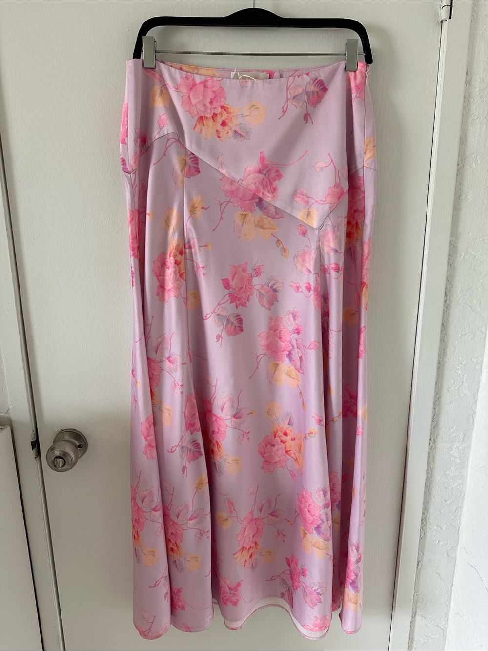 LoveShackFancy Pink and Lavender Floral Satin maxi Skirt